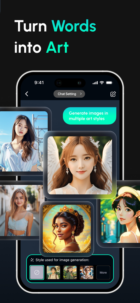 Ein Bildschirm der YouCam AI Chat-App, der die Bildgenerator-Funktion mit verschiedenen künstlerischen Stilen anzeigt
