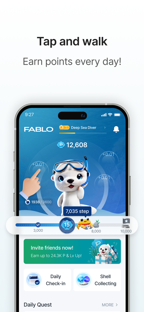 FABLO - Play, Earn & Level up - Fablo mobile app interface showing a step counter and points reward system with Fabie the otter mascot