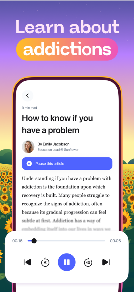 A screenshot from the Sunflower app showing an educational article about identifying addiction problems with an integrated audio player.