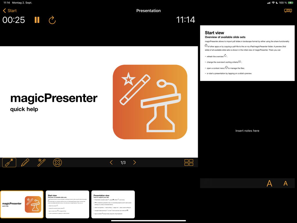magicPresenter - Interface do magicPresenter no iPad mostrando a visualização inteligente do apresentador com notas do orador e ferramentas de cronometragem