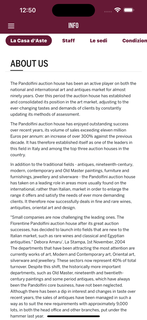 Pandolfini Live - The About Us information page of the Pandolfini Live auction house app