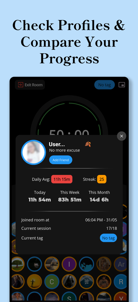 Focus Friend - Pomoroom - A user profile view in the Pomoroom app displaying productivity statistics like streaks and total focus time