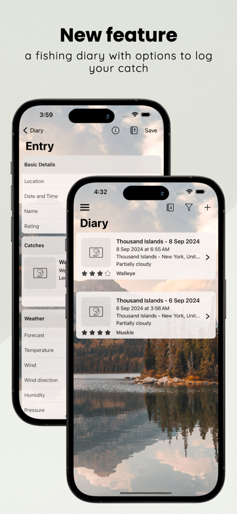 When to Fish - Fishing App - Screenshot of the fishing diary feature in the When to Fish app