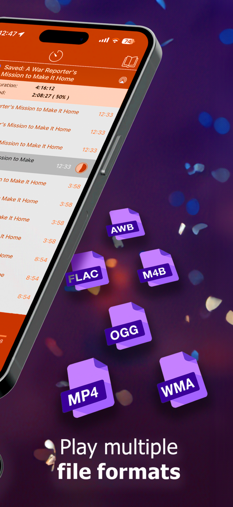 MP3 Audiobook Player Pro - Schermata iPhone che mostra l'interfaccia del Lettore Audiolibri MP3 Pro con icone fluttuanti per formati audio supportati come FLAC e OGG