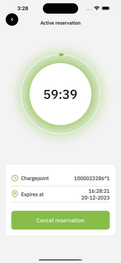 50five - Interface de réservation active montrant un compte à rebours pour une borne de recharge VE dans l'application 50five.