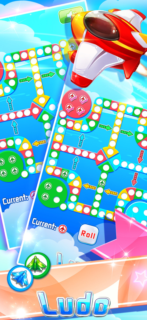 Gameplay interface of Ludo Aeroplane Chess showing the digital board and colorful plane tokens