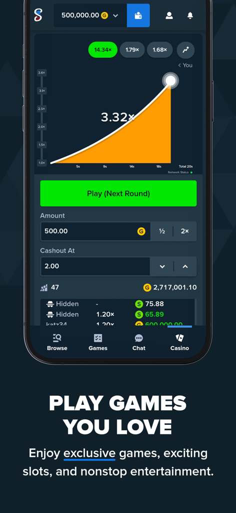 Stake US mobile app interface showing exclusive casino games and slots