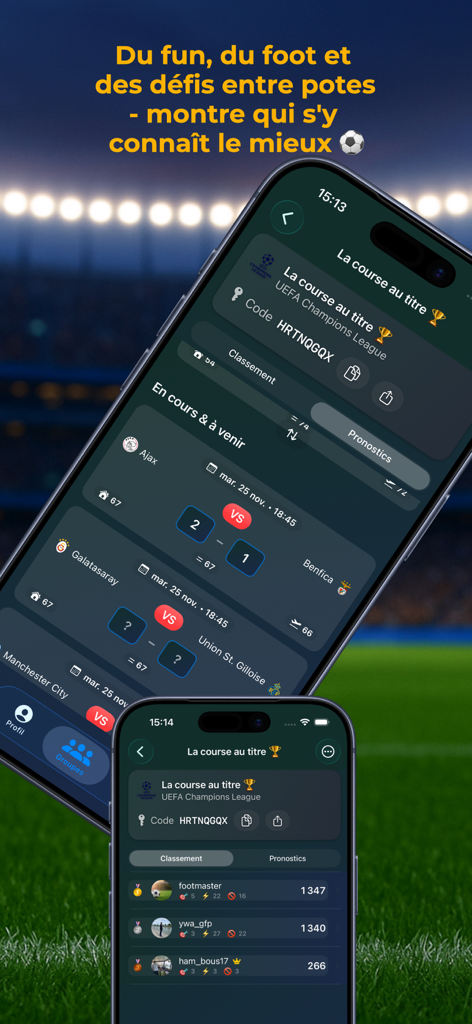 Go Football Prono Mobile App mit Fußballspielvorhersagen und Gruppenranglisten auf iPhone-Bildschirmen.