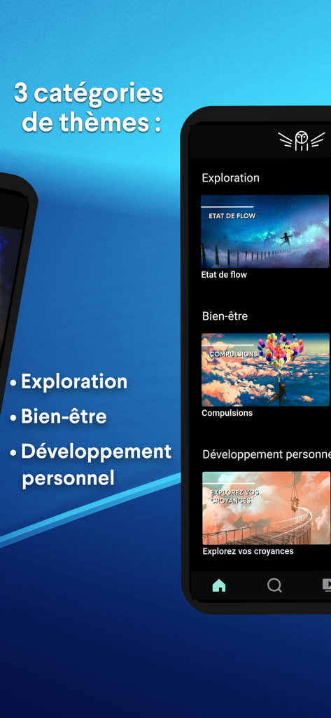 Pantalla de la aplicación Psychonaute mostrando las tres categorías principales de auto-hipnosis: Exploración, Bienestar y Desarrollo Personal