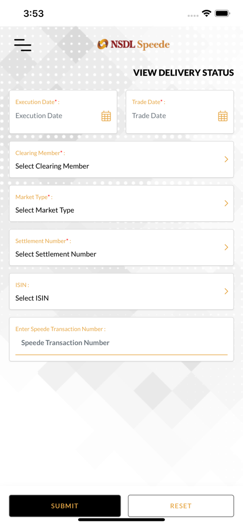 NSDL Speede app interface showing the View Delivery Status form.