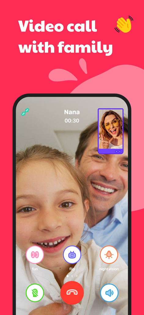 A young girl and her father having a safe video call with their grandmother on the JusTalk Kids app.