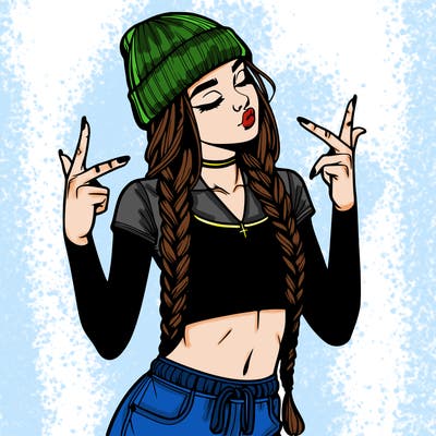 realistic teenage girl with braids and a beanie and crop top doing 🫶🏼