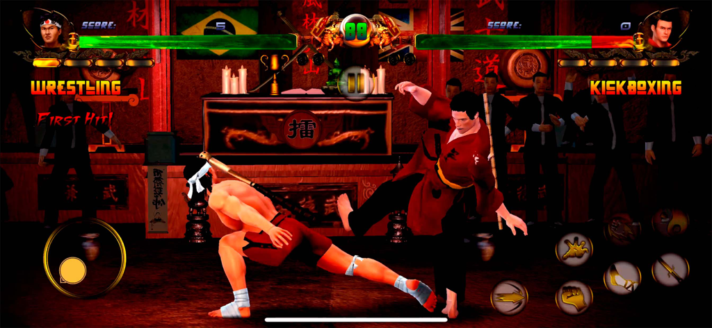 Shaolin vs Wutang - Fighting - Gameplay screenshot of Shaolin vs Wutang showing a martial arts duel between a kickboxer and a wrestler in a traditional dojo.