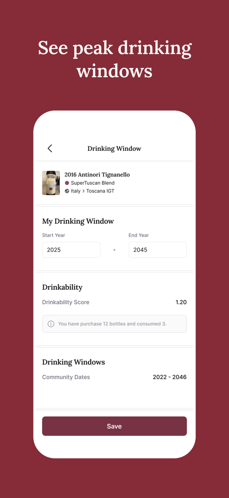 Interface of the CellarTracker app showing the peak drinking window and drinkability score for a wine bottle.