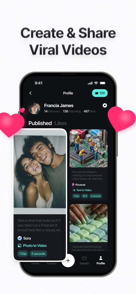 Doozy AI: Video Generator - Interfaz de la aplicación Doozy AI mostrando el perfil de un usuario con vídeos generados por IA y el texto Crea y Comparte Vídeos Virales