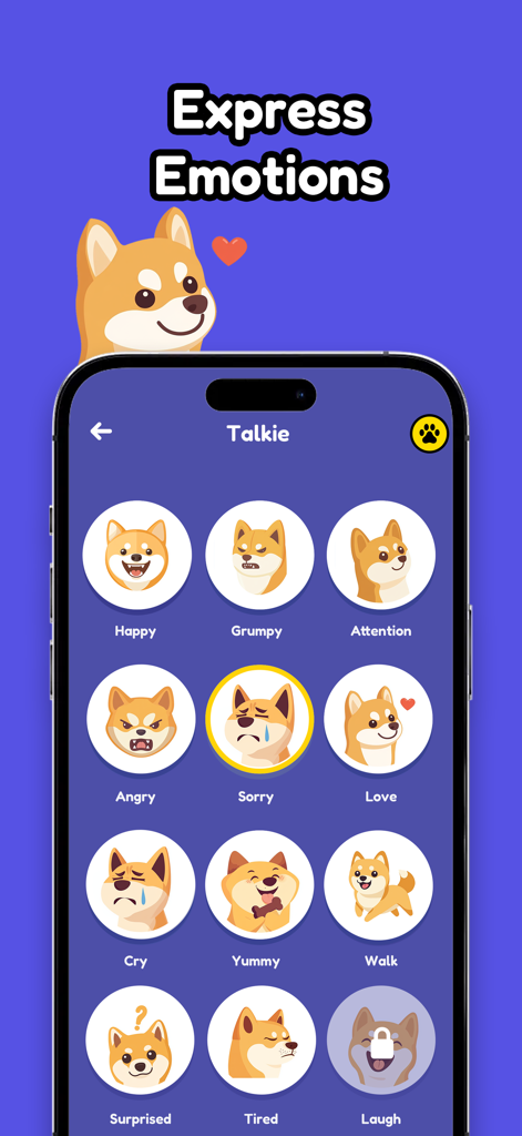 Pantalla de la aplicación Silbato para Perros que muestra varios iconos de emociones de perros y sonidos para el entrenamiento de mascotas