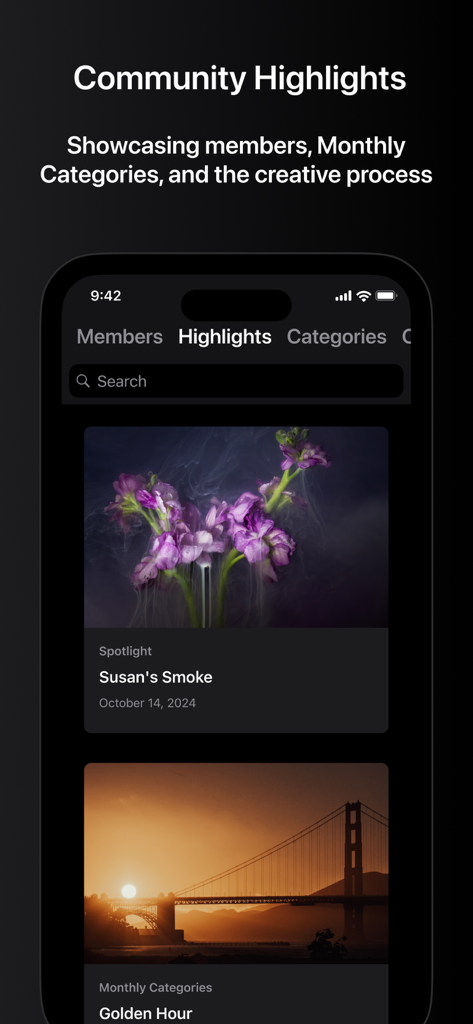 A smartphone screen showing the community highlights section of the Glass photography app featuring member spotlights and photo categories.