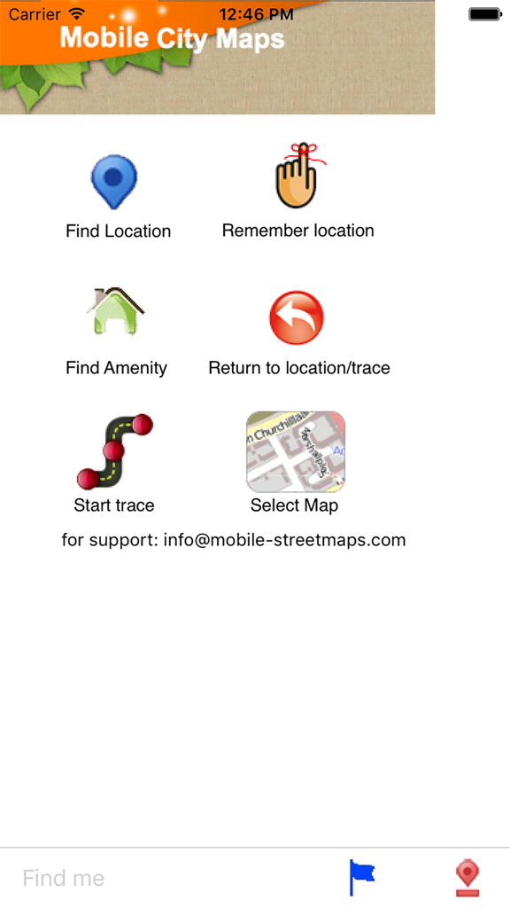 700 City Maps - 700 City Maps 앱의 메인 메뉴, 위치 및 편의 시설을 찾기 위한 내비게이션 아이콘 표시