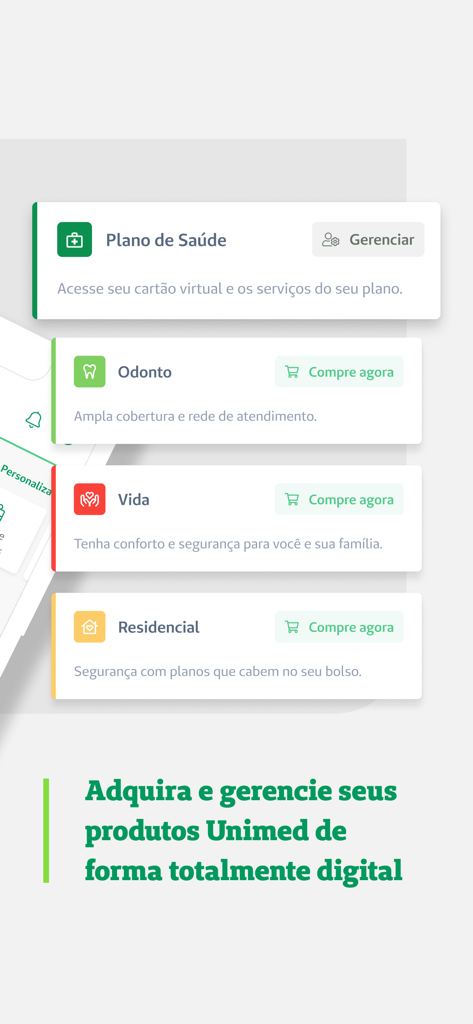 Unimed Goiânia - Unimed Goiania mobile app screen displaying health, dental, life, and home insurance plan options for digital management.