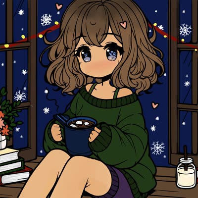 cute anime girl reading book and drinking hot chocolate from mug with loose wavy hair wearing a baggy sweatshirt and shorts sitting by windowsill looking out
