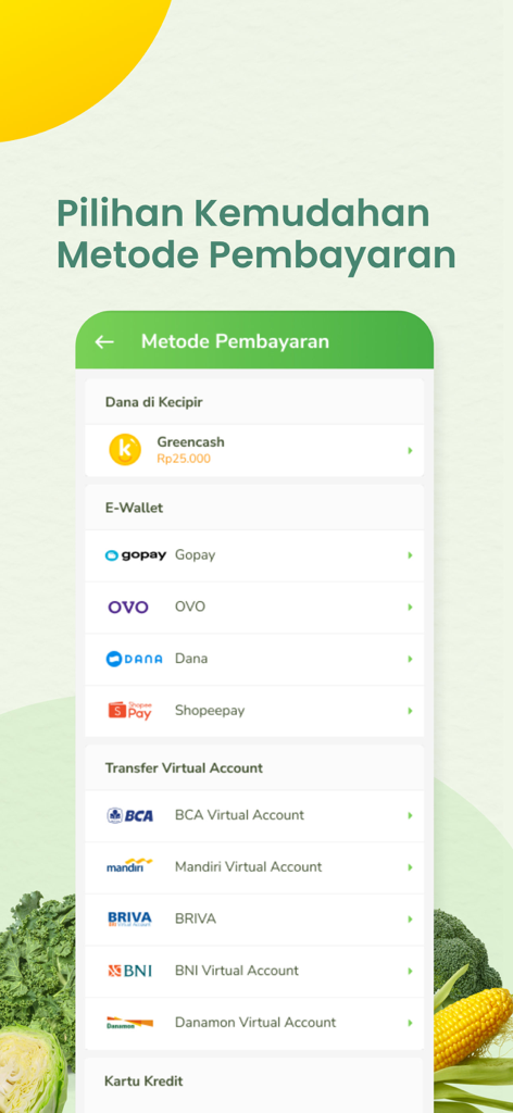 Kecipir - Sayur Organik Sehat - A mobile interface of the Kecipir app showing various payment options including digital wallets and virtual bank accounts.
