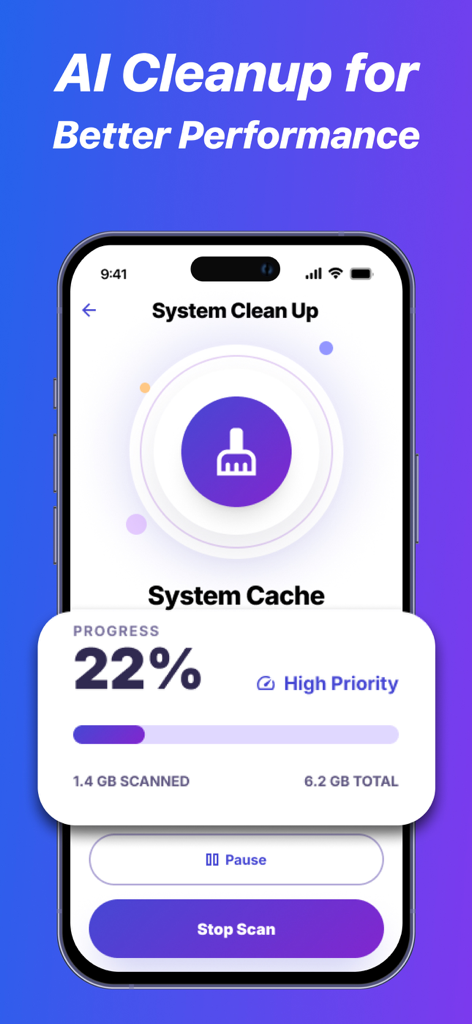 DiskDigger Pro File Recovery - DiskDigger Pro 모바일 앱 인터페이스에 저장 공간 성능 최적화를 위해 시스템 캐시를 스캔하는 AI 시스템 정리 기능이 표시됨