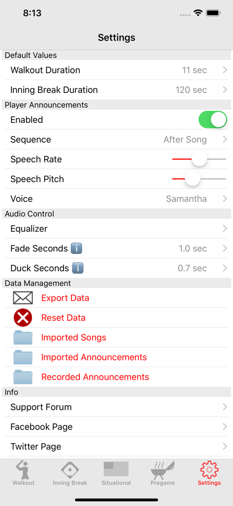 Walkout Song DJ - Settings screen of Walkout Song DJ app showing audio controls and player announcement configurations