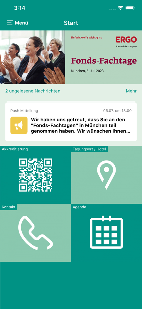 ERGO Events - Main dashboard of the ERGO Events app showing event details and navigation for accreditation, hotel info, contact, and agenda.