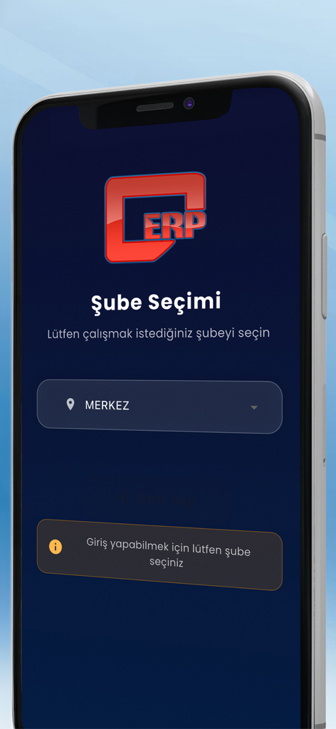 New Erp Mobil - Tela de seleção de filial do aplicativo New Erp Mobil mostrando um menu suspenso e o logotipo da empresa