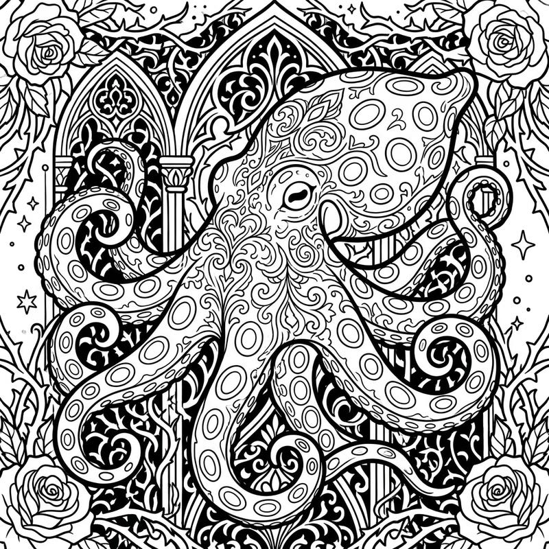 Explore the depths of mystery with this captivating Gothic Blue-Ringed Octopus coloring page. Its intricate design blends the marvel of marine life with ornate gothic elegance for a truly unique artistic experience.