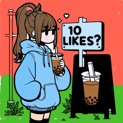 girl with oversized hoodie drinking boba and she has a high ponytail with a sign that says 10likes?