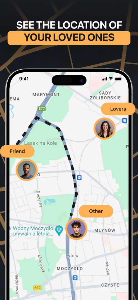 Interface de aplicativo móvel mostrando o rastreamento de localização de membros da família e amigos em um mapa