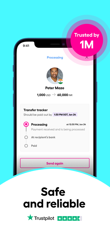 Instarem: Send money abroad - Instarem-App-Oberfläche mit einem Echtzeit-Geldtransfer-Tracker von USD nach INR mit einer Trustpilot-Bewertung.