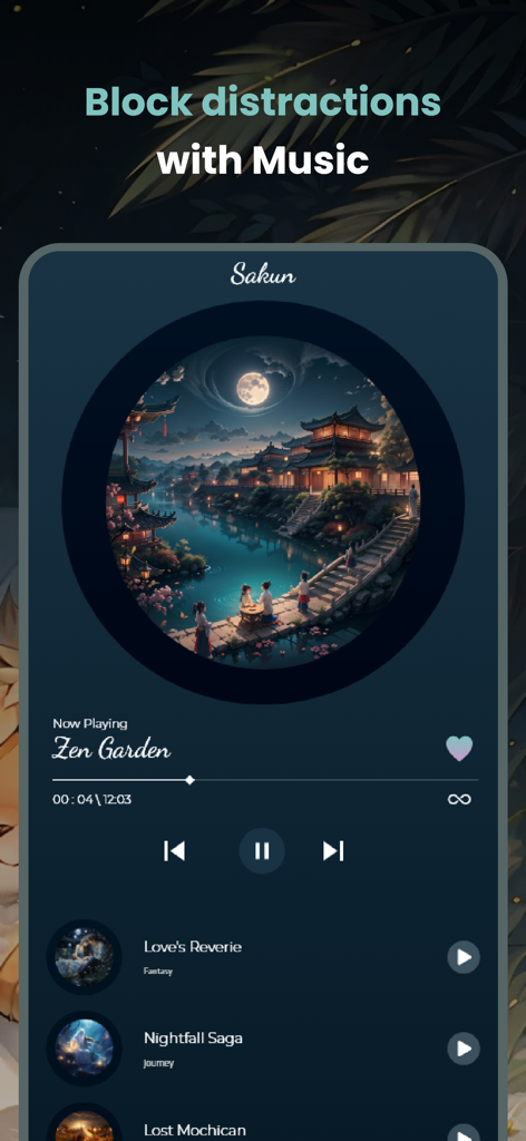 Sakun: Sleep Realms & Calm - Interfaccia del lettore musicale dell'app Sakun con un tema fantasy di giardino Zen illuminato dalla luna per dormire e rilassarsi