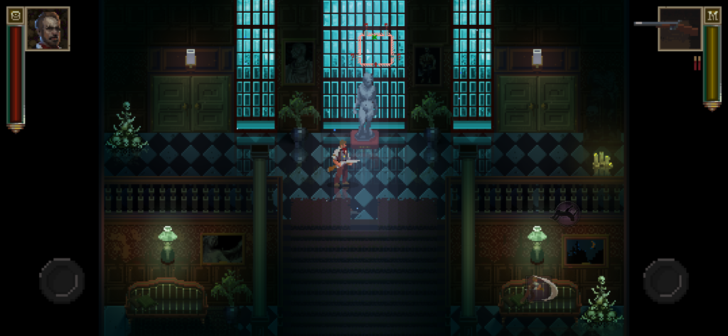 Pixel art gameplay showing the detective character investigating a dark gothic mansion in Lovecrafts Untold Stories
