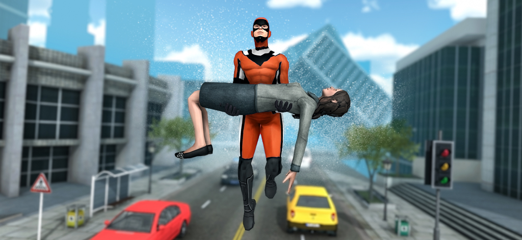 Spider Super Rope Hero Fighter - Un superhéroe con un traje naranja y negro rescatando a una mujer volando sobre una calle de la ciudad