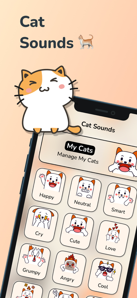 Cat Translator Meow Sounds - A mobile app screen showing a grid of different cat meow sounds represented by cute cartoon cat icons like happy, angry, and cool.