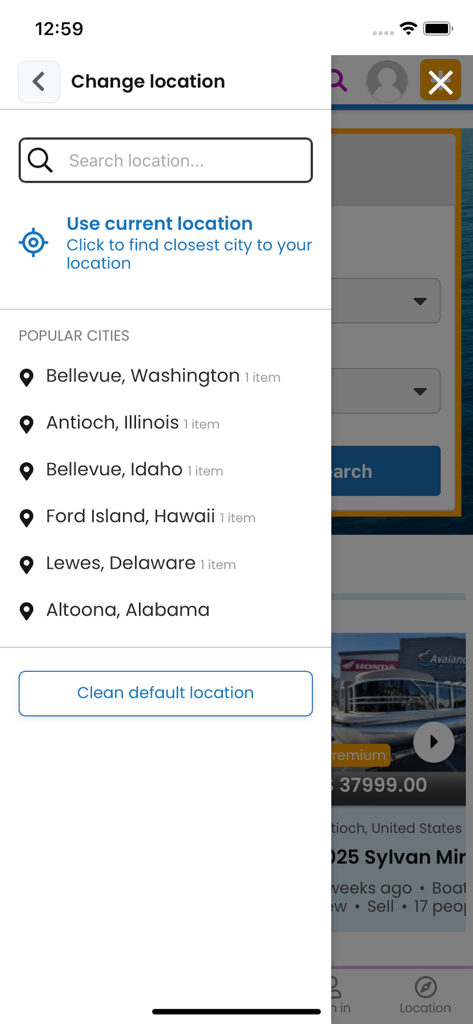 Boat Classifieds - Interface of the Boat Classifieds app showing the change location screen with search bar and popular cities list.
