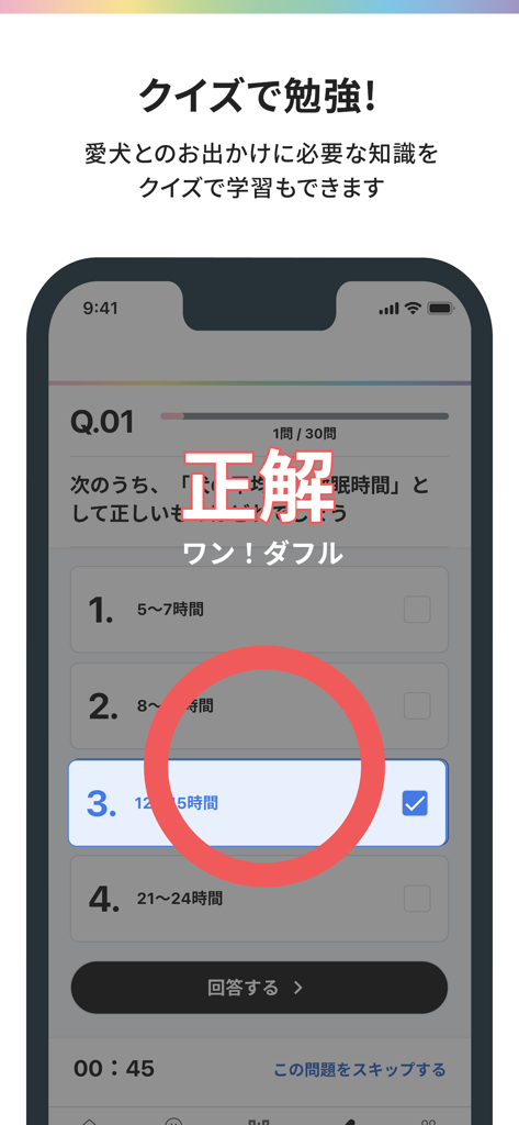 Wan!Pass（ワンパス） - 犬のケア教育クイズに正解が選択されていることを示すモバイルアプリインターフェース