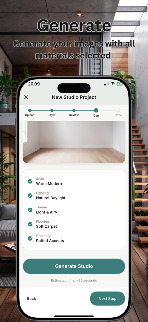 AI Apartment & Studio Planner - Mobile app screen for AI Apartment and Studio Planner showing a studio project setup with selected interior styles and materials