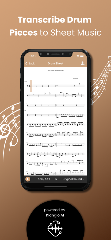 Drum2Notes - Transcribe Drums - Drum2Notes app interface displaying transcribed drum notation on a smartphone screen