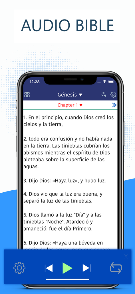 La Biblia NTV en Español Pro - La Biblia NTV app displaying the Audio Bible feature with Spanish text from Genesis and media playback controls.