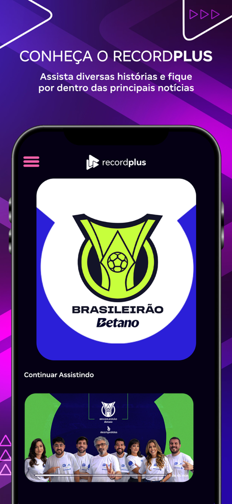 RecordPlus - RecordPlus app interface displaying soccer content and news streaming options on a mobile phone.