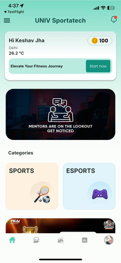 개인화된 사용자 인사말과 함께 스포츠 및 e스포츠 카테고리를 표시하는 UNIV Sportatech 모바일 앱 대시보드