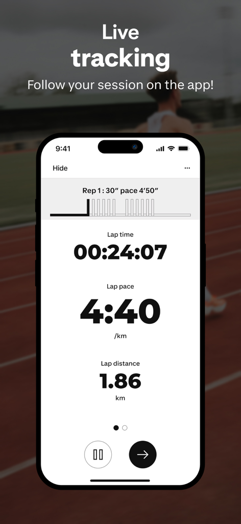 Kiprun Pacer Running - Kiprun Pacer app live tracking screen displaying lap time, lap pace, and lap distance during a run.