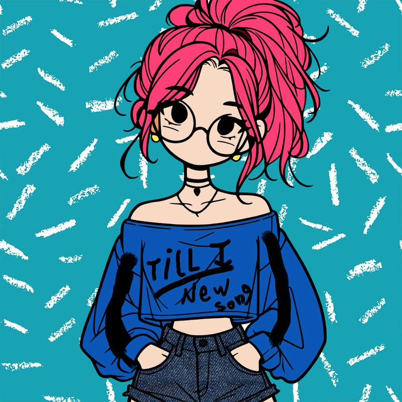 girl with a messy ponytail glasses a baggy crop top and jean shorts