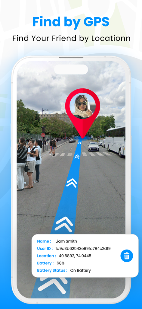 GPS Phone Tracker & Location - Interface de um aplicativo rastreador GPS mostrando localização ao vivo em um mapa de rua com detalhes do usuário e status da bateria