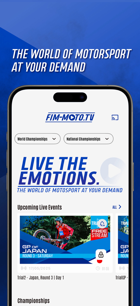 FIM-Moto TV - Interface de l'application FIM-Moto TV montrant des diffusions en direct de courses motos et les championnats du monde à venir