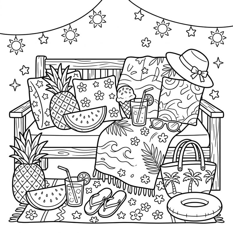 Get ready to relax with this enchanting summer vacation coloring page! It features a beautifully decorated bench overflowing with tropical fruits, refreshing drinks, and beach-day essentials, capturing the essence of a perfect sunny getaway.