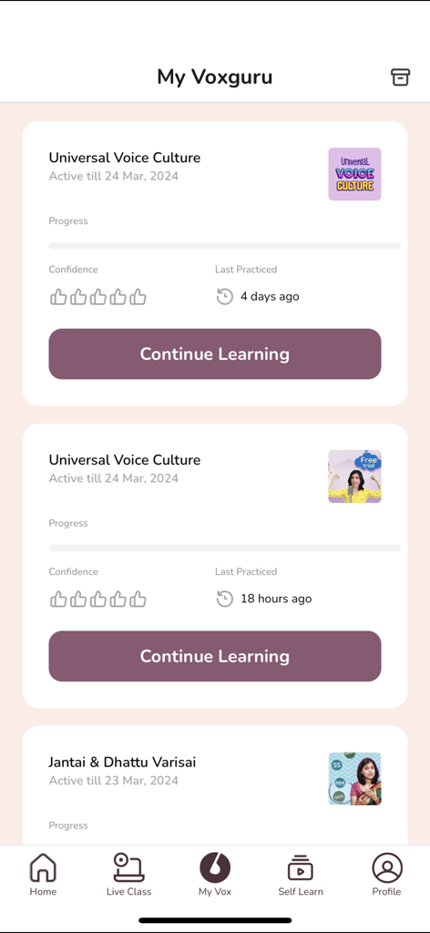 VoxGuru - User dashboard in the VoxGuru app showing active music courses like Universal Voice Culture and Carnatic lessons